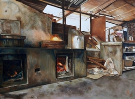 wood-burning stove<br/>oil on canvas,<br/>101 cm (w) x 76 cm (h)<br/>2012